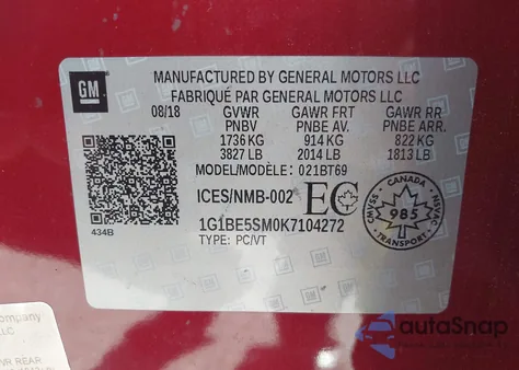 2019 Chevrolet Cruze Lt z USA, uszkodzony, nr VIN 1G1BE5SM0K7104272